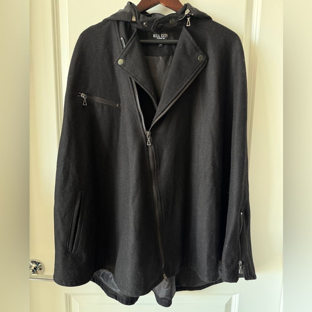 Kill City black wool biker moto cape